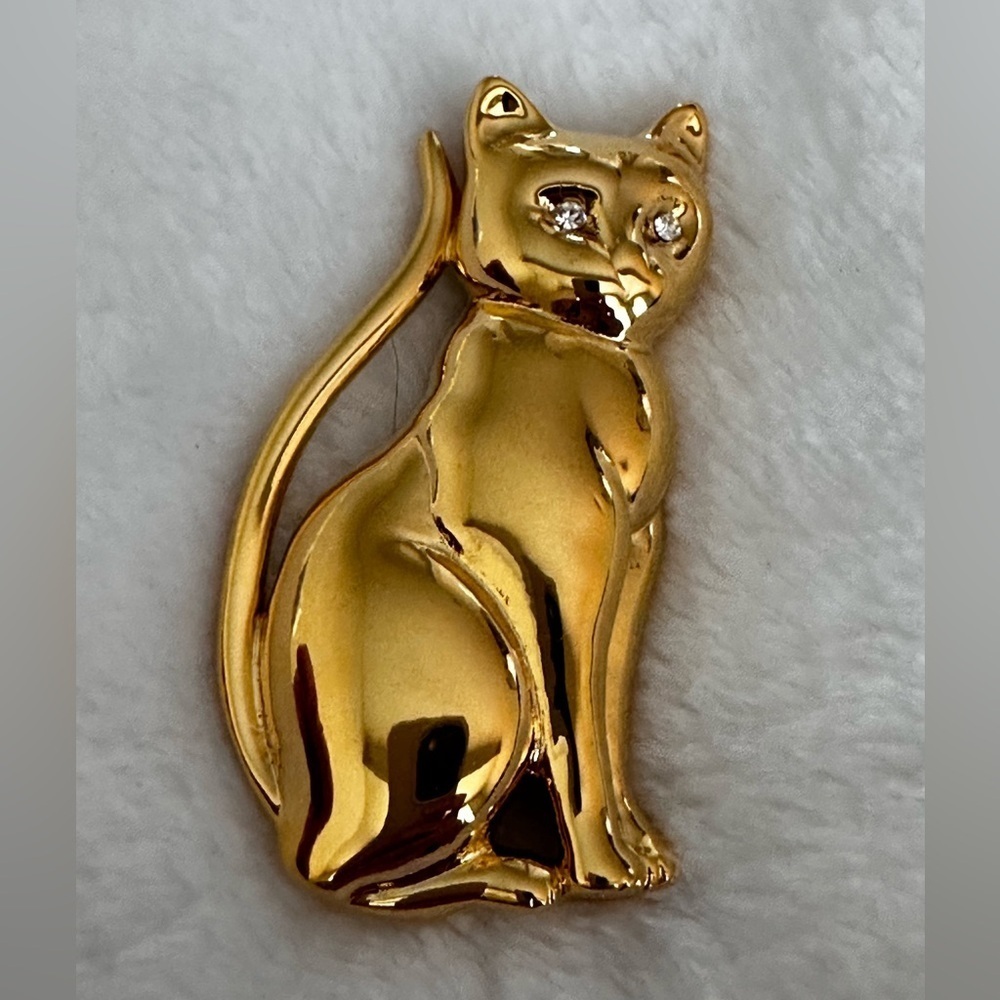 Gold Cat kitty pin brooch with diamond eyes vintage